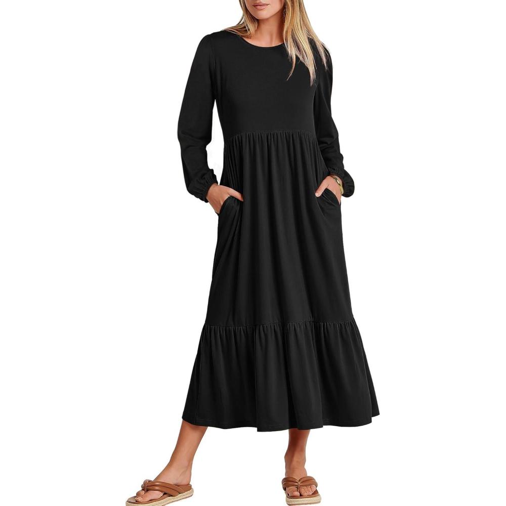 imageANRABESS Womens Casual Long Sleeve Midi Dress 2025 Fall Crewneck A Line Tiered Flowy Loose Trendy Dresses with PocketsBlack