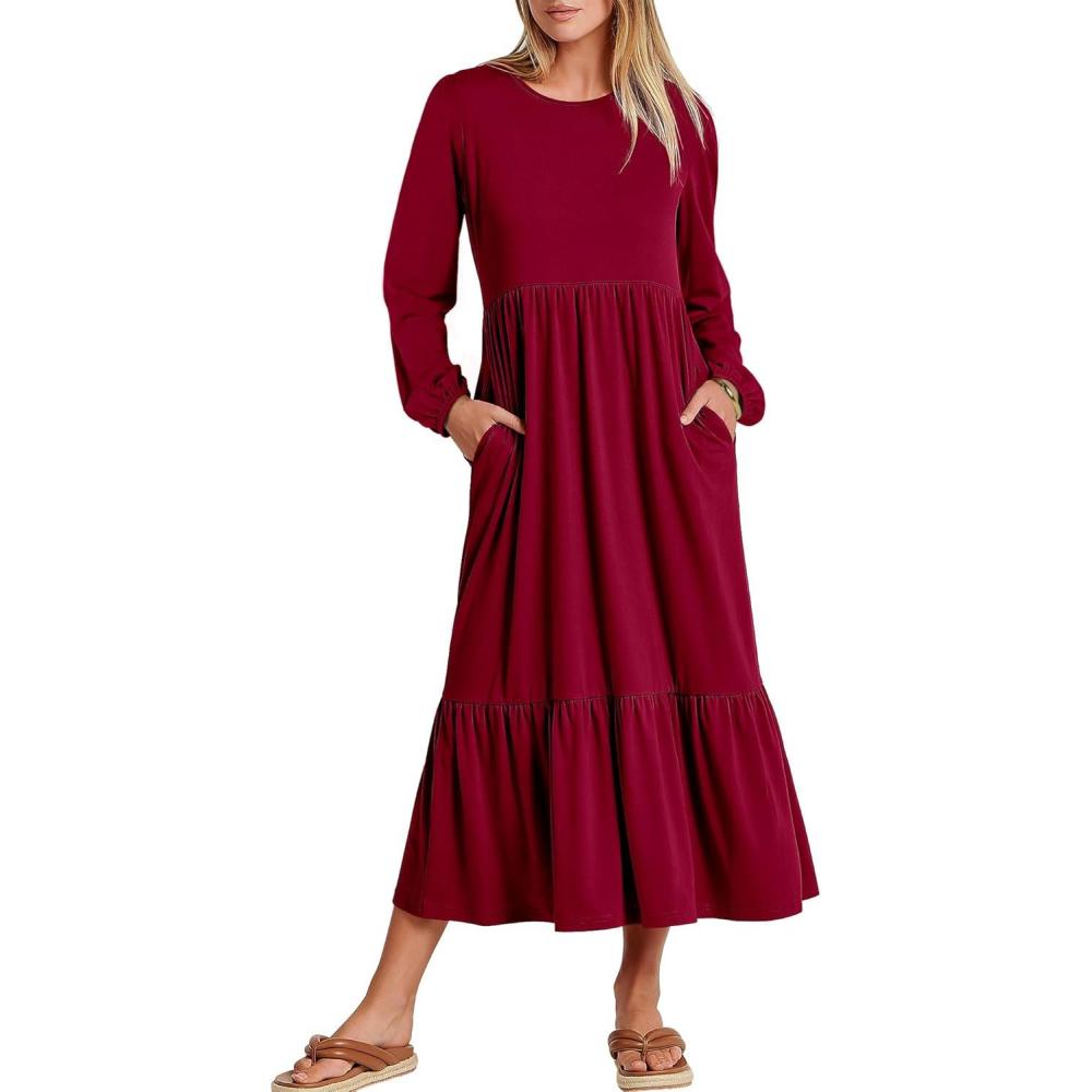 imageANRABESS Womens Casual Long Sleeve Midi Dress 2025 Fall Crewneck A Line Tiered Flowy Loose Trendy Dresses with PocketsBurgundy