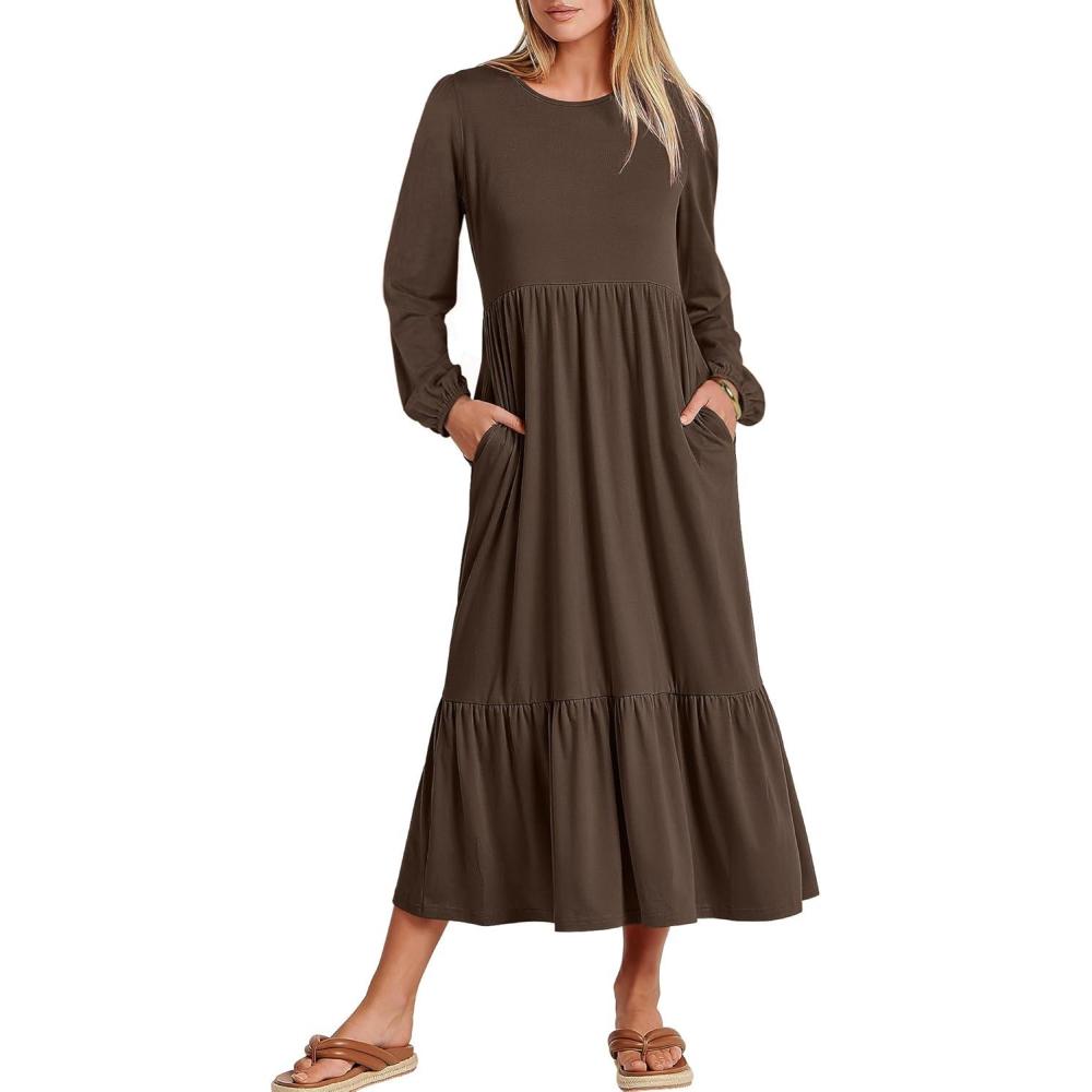 imageANRABESS Womens Casual Long Sleeve Midi Dress 2025 Fall Crewneck A Line Tiered Flowy Loose Trendy Dresses with PocketsCoffee