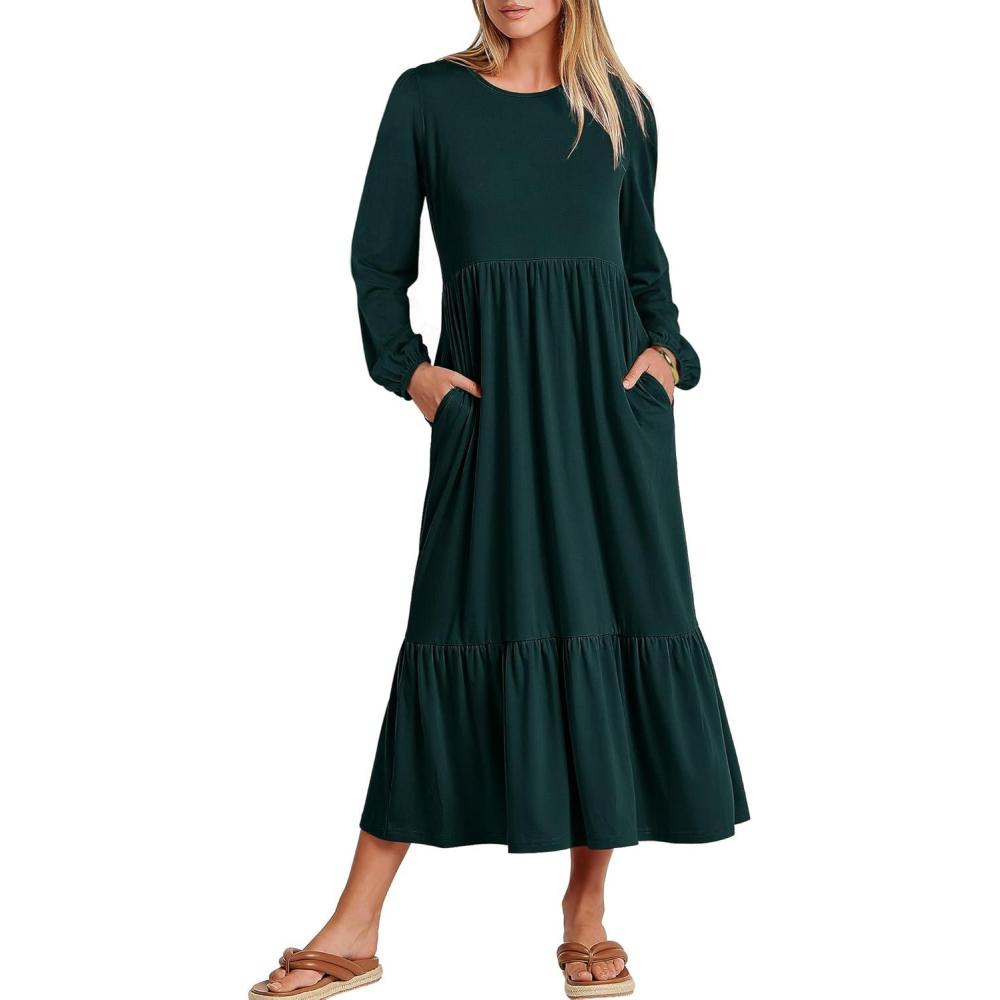 imageANRABESS Womens Casual Long Sleeve Midi Dress 2025 Fall Crewneck A Line Tiered Flowy Loose Trendy Dresses with PocketsDark Green