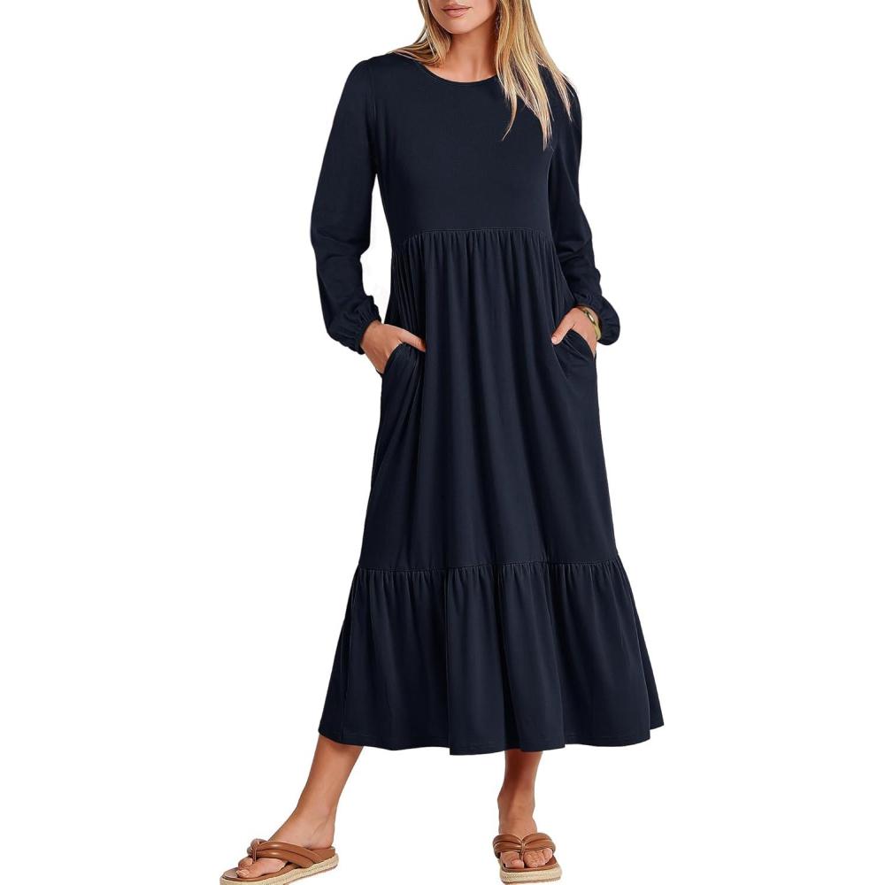 imageANRABESS Womens Casual Long Sleeve Midi Dress 2025 Fall Crewneck A Line Tiered Flowy Loose Trendy Dresses with PocketsDark Navy Blue