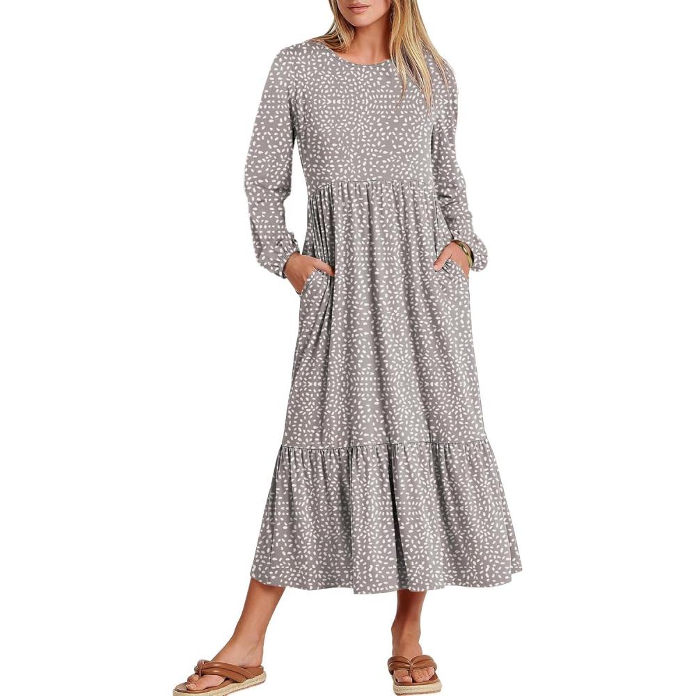 imageANRABESS Womens Casual Long Sleeve Midi Dress 2025 Fall Crewneck A Line Tiered Flowy Loose Trendy Dresses with PocketsGray With White Polka Dot