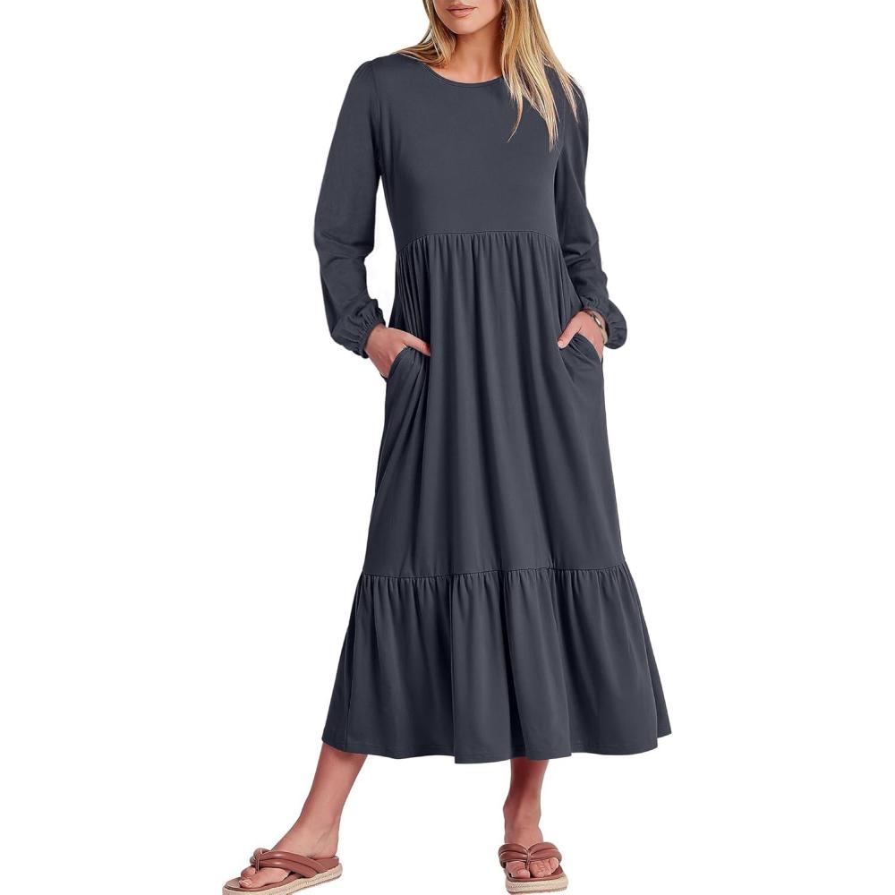 imageANRABESS Womens Casual Long Sleeve Midi Dress 2025 Fall Crewneck A Line Tiered Flowy Loose Trendy Dresses with PocketsGrey