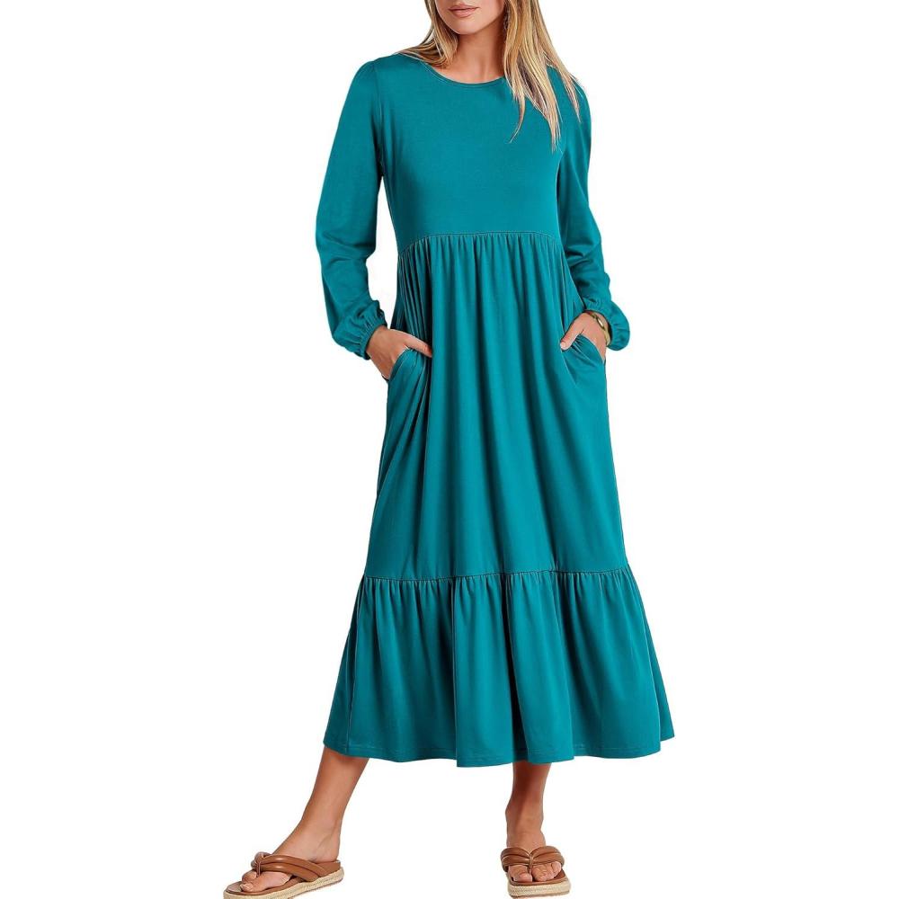imageANRABESS Womens Casual Long Sleeve Midi Dress 2025 Fall Crewneck A Line Tiered Flowy Loose Trendy Dresses with PocketsLake Green