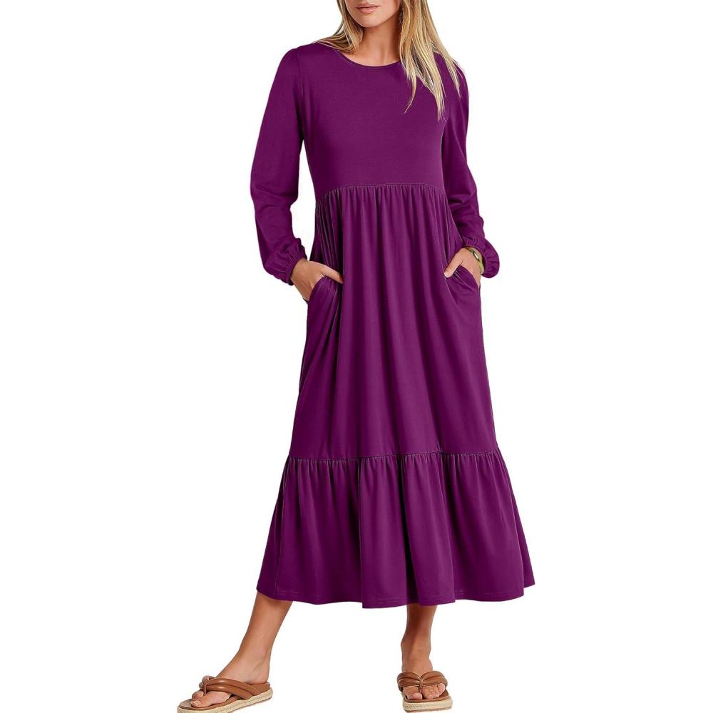 imageANRABESS Womens Casual Long Sleeve Midi Dress 2025 Fall Crewneck A Line Tiered Flowy Loose Trendy Dresses with PocketsPurple