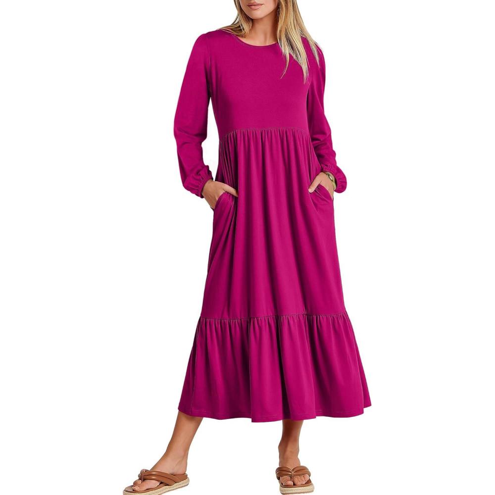 imageANRABESS Womens Casual Long Sleeve Midi Dress 2025 Fall Crewneck A Line Tiered Flowy Loose Trendy Dresses with PocketsRose