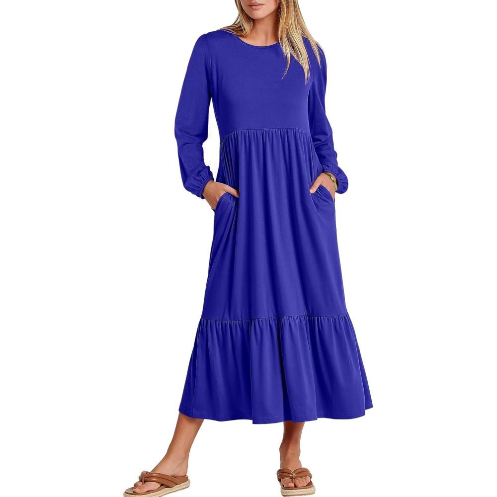 imageANRABESS Womens Casual Long Sleeve Midi Dress 2025 Fall Crewneck A Line Tiered Flowy Loose Trendy Dresses with PocketsRoyal Blue