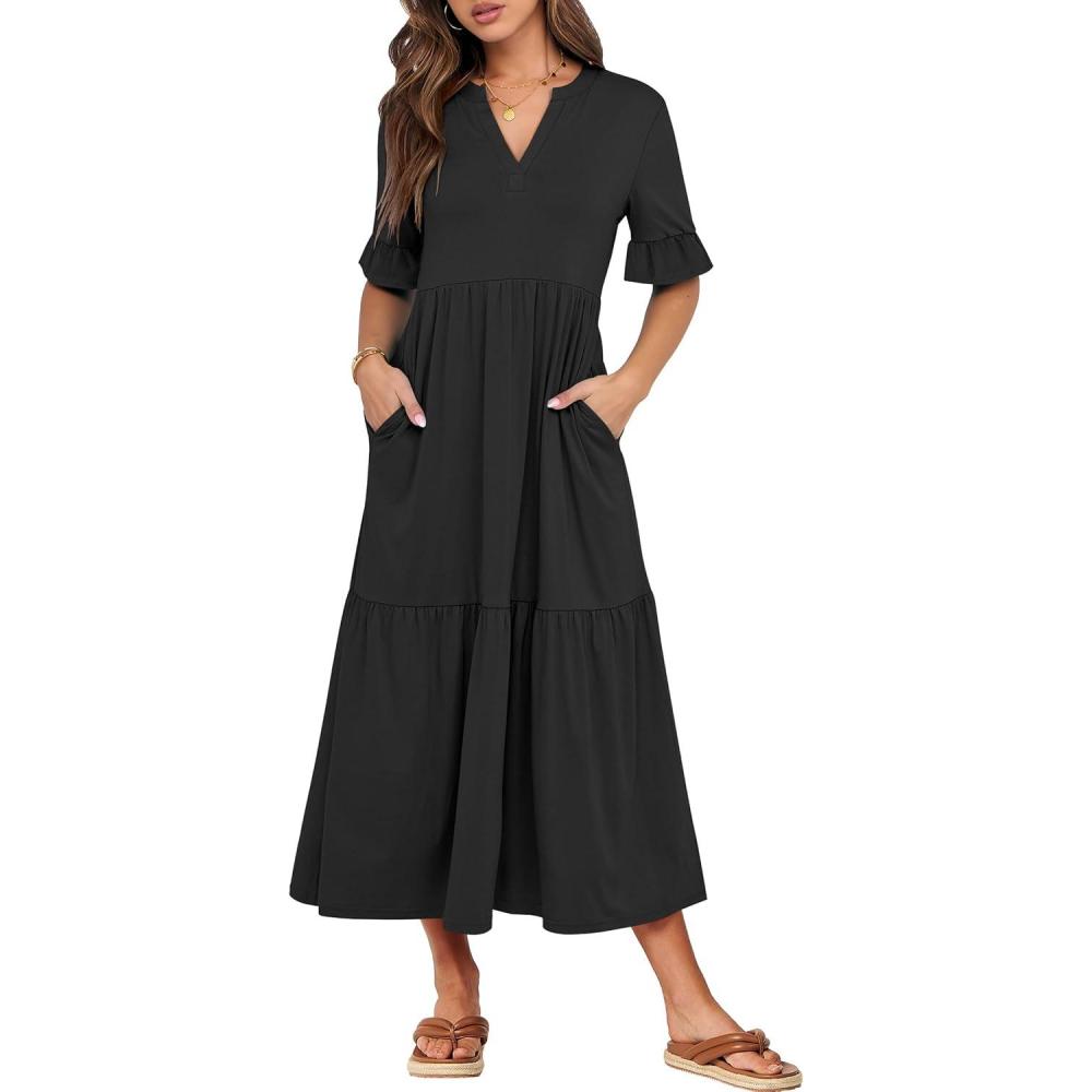 imageANRABESS Womens Casual Summer Ruffle Short Sleeve T Shirts Maxi Dress 2025 Fall V Neck Flowy Tiered Boho Beach DressesBlack