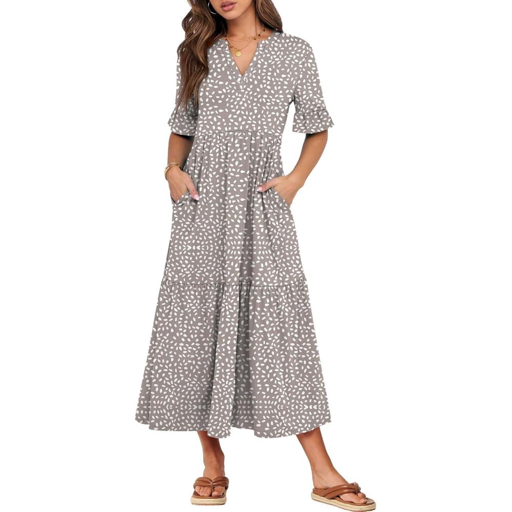 imageANRABESS Womens Casual Summer Ruffle Short Sleeve T Shirts Maxi Dress 2025 Fall V Neck Flowy Tiered Boho Beach DressesKhaki Polka Dot