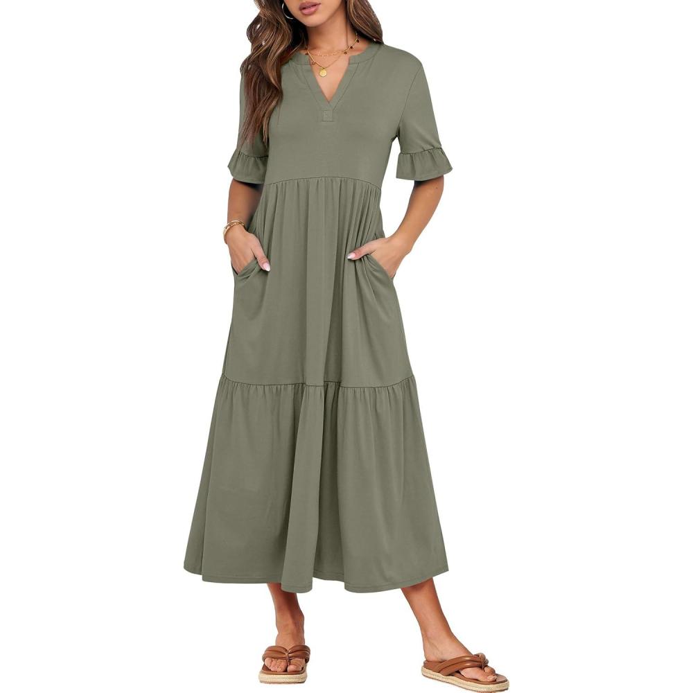 imageANRABESS Womens Casual Summer Ruffle Short Sleeve T Shirts Maxi Dress 2025 Fall V Neck Flowy Tiered Boho Beach DressesOlive
