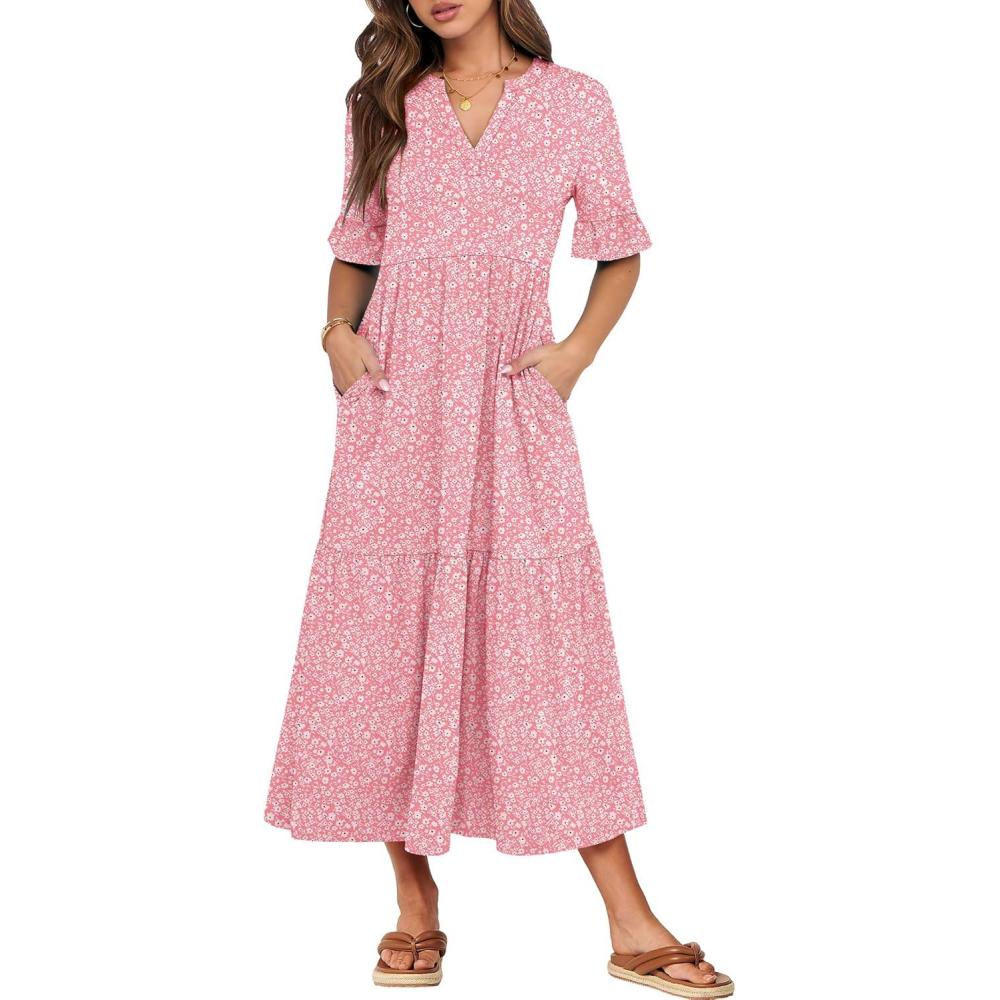 imageANRABESS Womens Casual Summer Ruffle Short Sleeve T Shirts Maxi Dress 2025 Fall V Neck Flowy Tiered Boho Beach DressesPink Floral