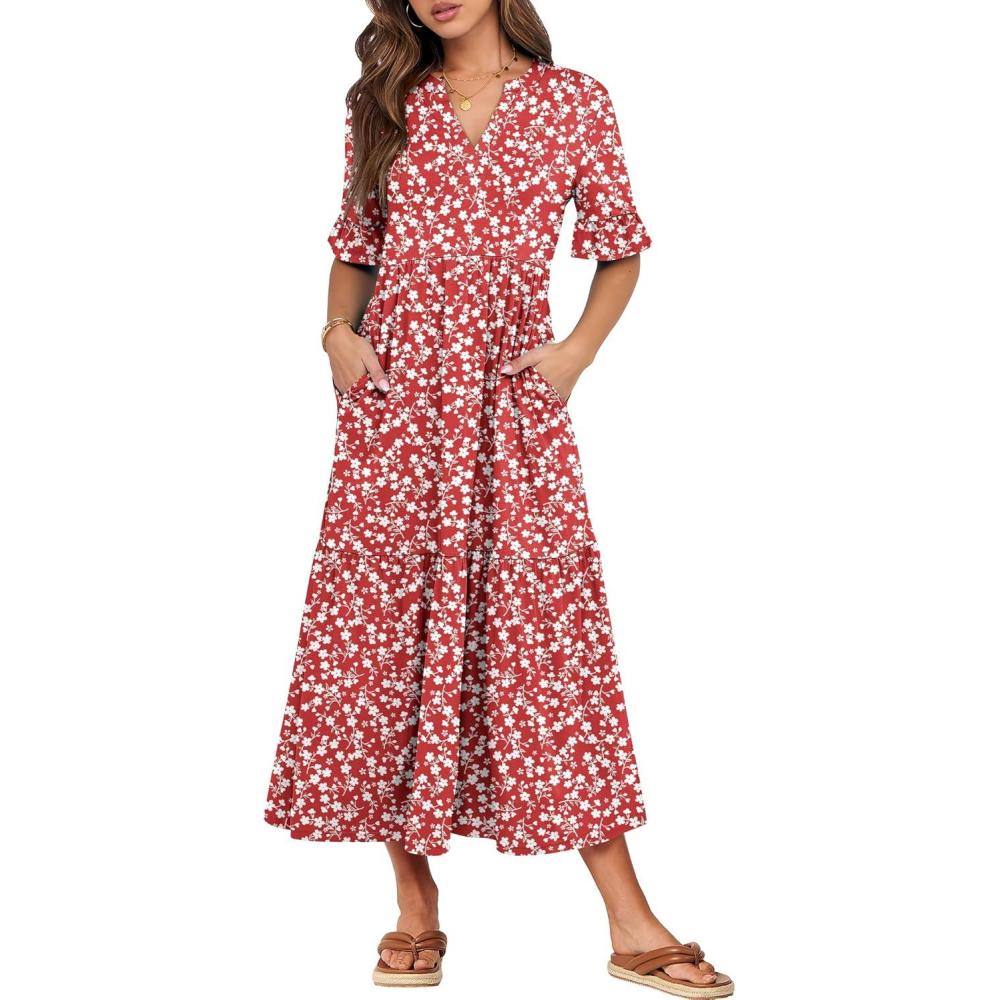 imageANRABESS Womens Casual Summer Ruffle Short Sleeve T Shirts Maxi Dress 2025 Fall V Neck Flowy Tiered Boho Beach DressesRed Floral
