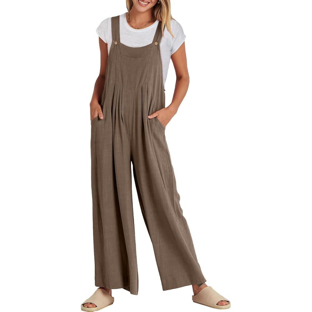 imageANRABESS Womens Jumpsuits Overalls Wide Leg Casual Summer Outfits Linen Rompers Jumpers Sleeveless Straps 2025 ClothesBrown