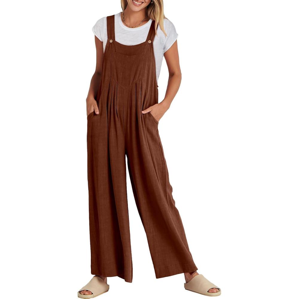 imageANRABESS Womens Jumpsuits Overalls Wide Leg Casual Summer Outfits Linen Rompers Jumpers Sleeveless Straps 2025 ClothesDark Brown
