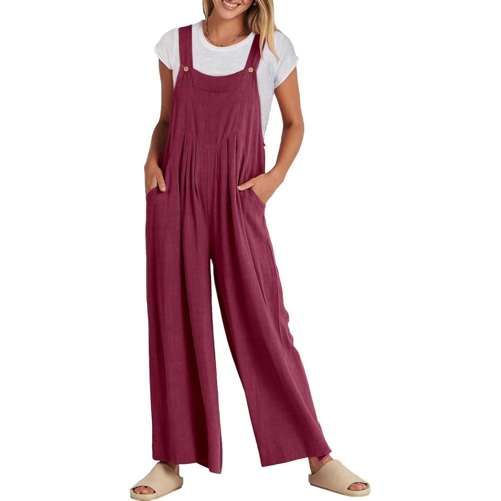 imageANRABESS Womens Jumpsuits Overalls Wide Leg Casual Summer Outfits Linen Rompers Jumpers Sleeveless Straps 2025 ClothesFuchsia