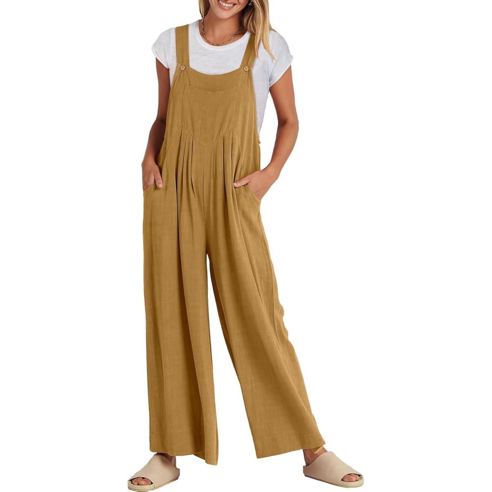 imageANRABESS Womens Jumpsuits Overalls Wide Leg Casual Summer Outfits Linen Rompers Jumpers Sleeveless Straps 2025 ClothesLight Yellow