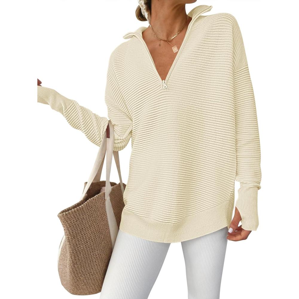 imageANRABESS Womens Long Sleeve Quarter Zip Pullover Sweater Casual Loose V Neck Collared Ribbed Knit Jumper Tops Thumb HoleAlmond