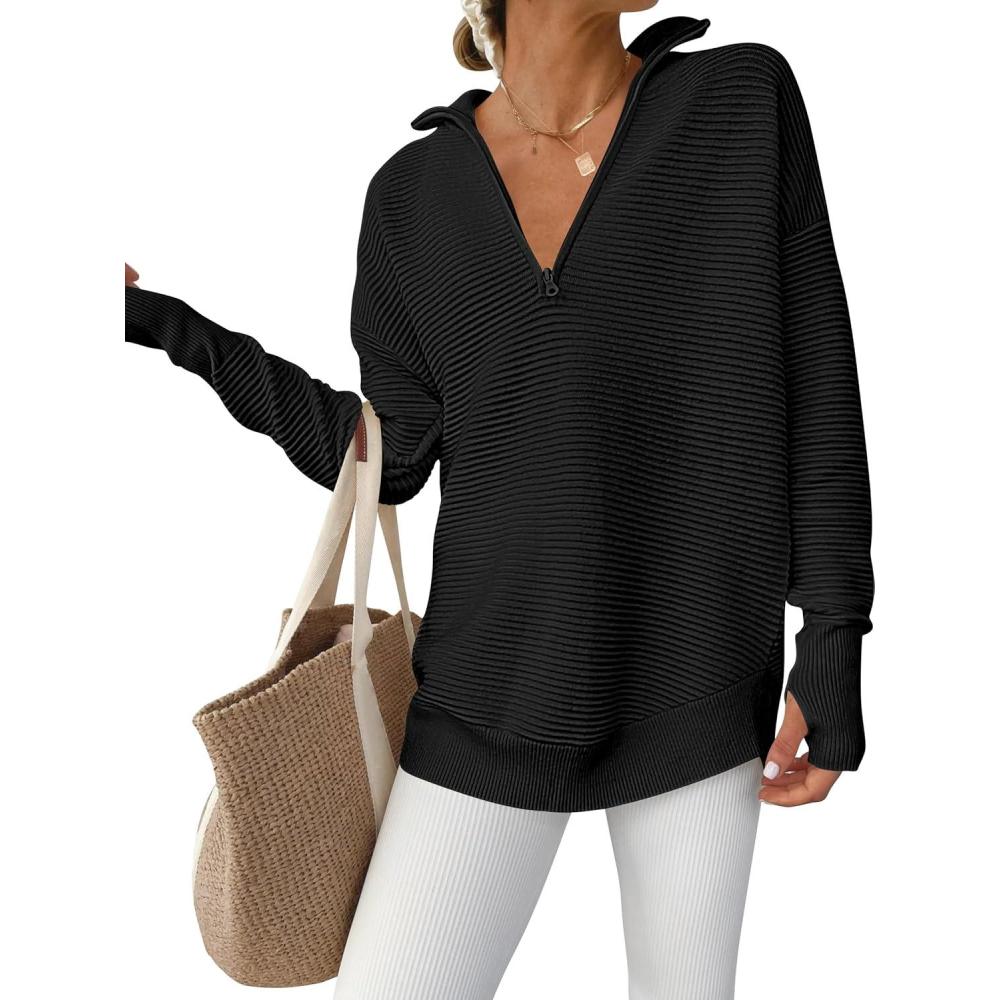 imageANRABESS Womens Long Sleeve Quarter Zip Pullover Sweater Casual Loose V Neck Collared Ribbed Knit Jumper Tops Thumb HoleBlack