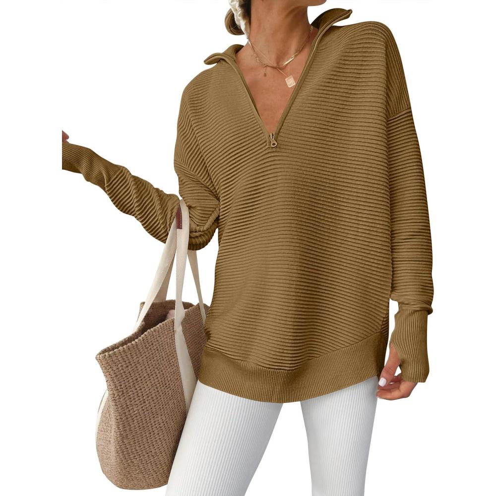 imageANRABESS Womens Long Sleeve Quarter Zip Pullover Sweater Casual Loose V Neck Collared Ribbed Knit Jumper Tops Thumb HoleBrown
