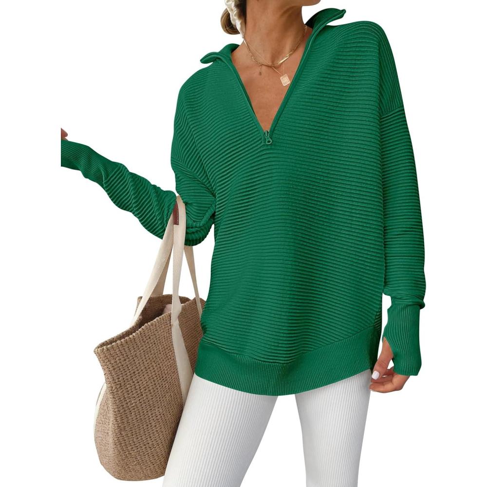 imageANRABESS Womens Long Sleeve Quarter Zip Pullover Sweater Casual Loose V Neck Collared Ribbed Knit Jumper Tops Thumb HoleGreen