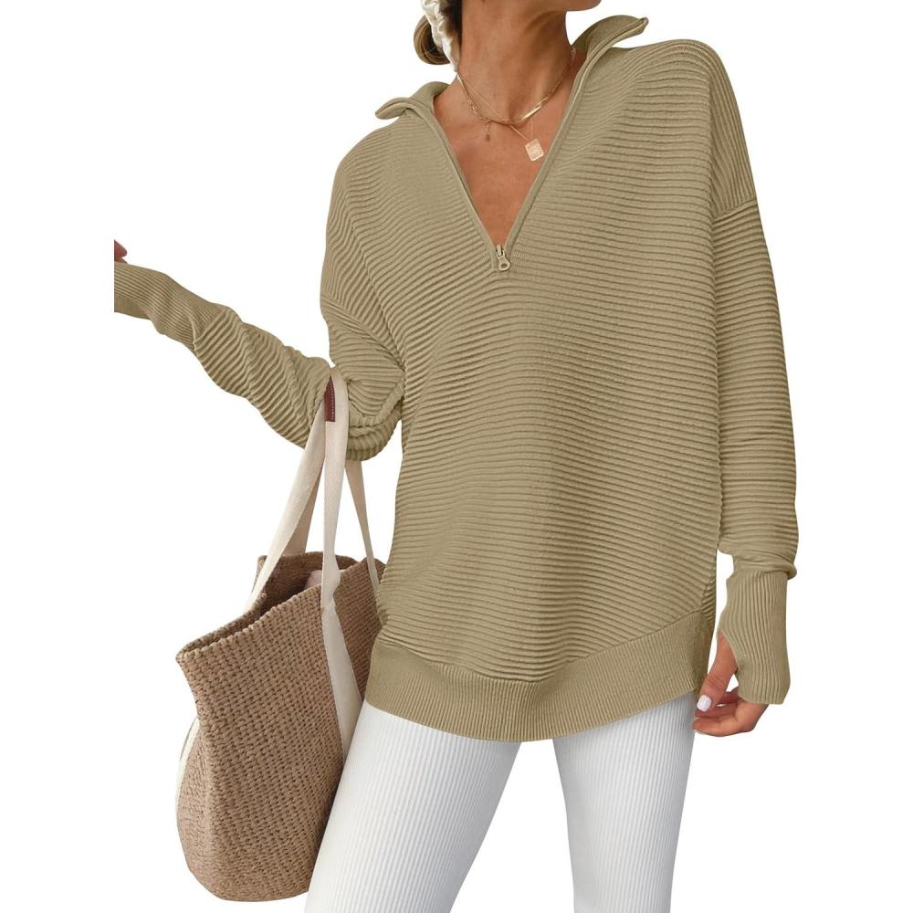 imageANRABESS Womens Long Sleeve Quarter Zip Pullover Sweater Casual Loose V Neck Collared Ribbed Knit Jumper Tops Thumb HoleKhaki