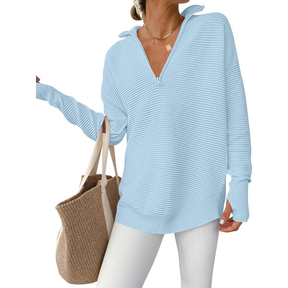 imageANRABESS Womens Long Sleeve Quarter Zip Pullover Sweater Casual Loose V Neck Collared Ribbed Knit Jumper Tops Thumb HoleLight Blue