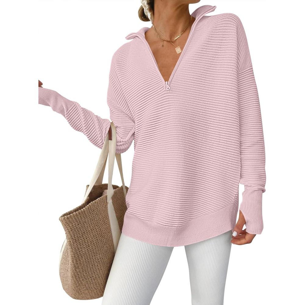 imageANRABESS Womens Long Sleeve Quarter Zip Pullover Sweater Casual Loose V Neck Collared Ribbed Knit Jumper Tops Thumb HolePink