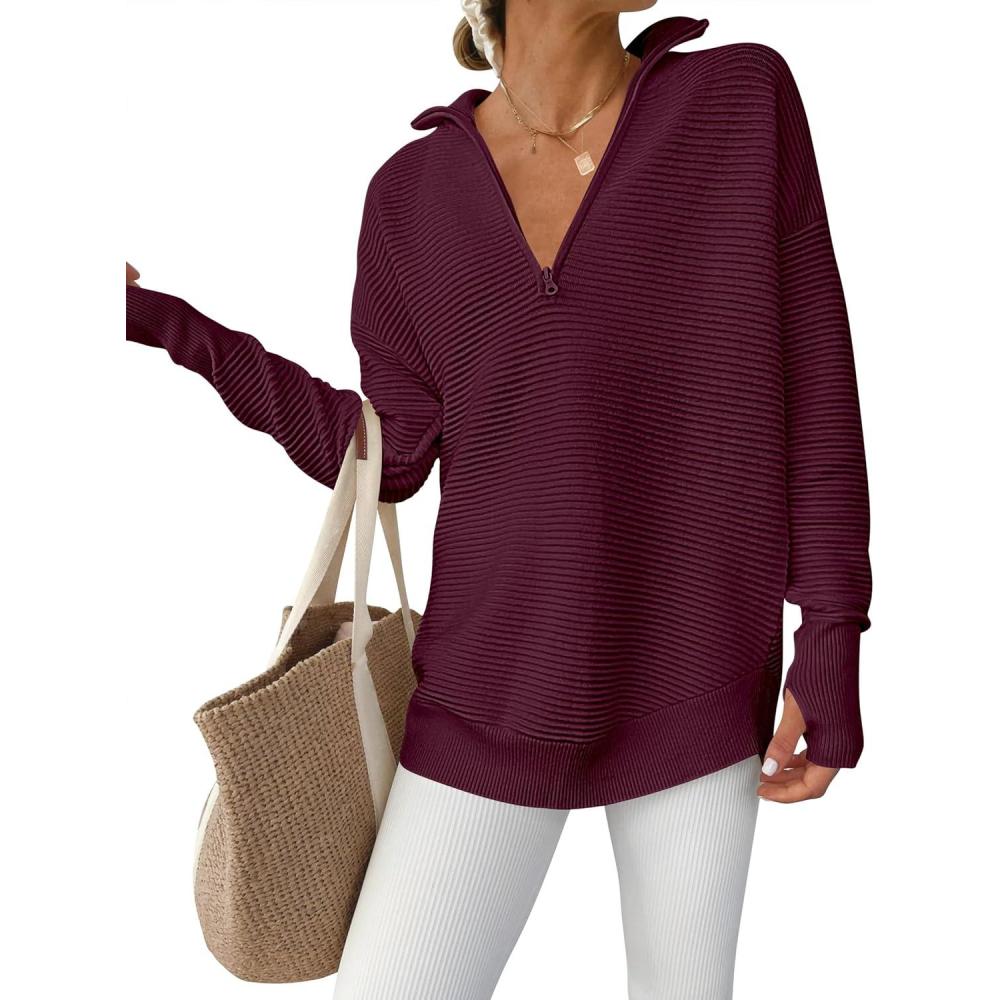imageANRABESS Womens Long Sleeve Quarter Zip Pullover Sweater Casual Loose V Neck Collared Ribbed Knit Jumper Tops Thumb HoleWine Red