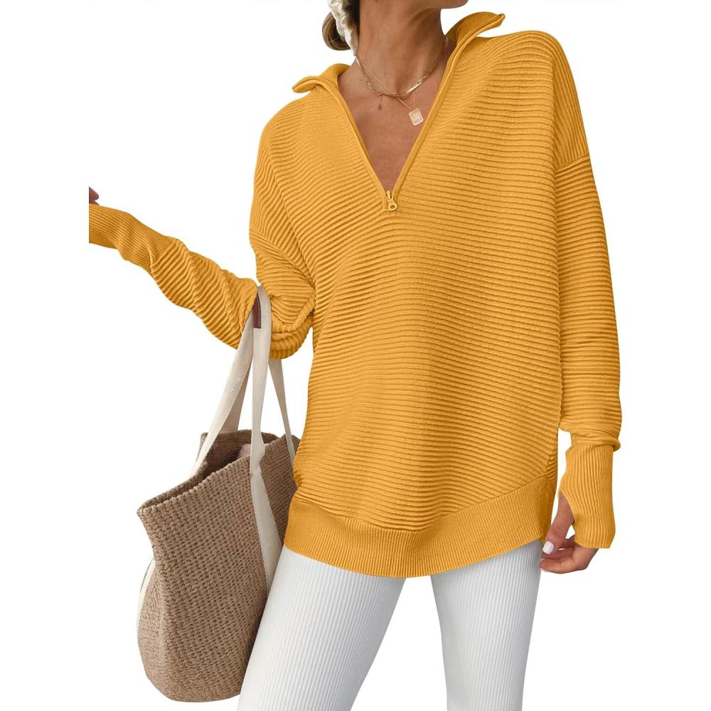 imageANRABESS Womens Long Sleeve Quarter Zip Pullover Sweater Casual Loose V Neck Collared Ribbed Knit Jumper Tops Thumb HoleYellow