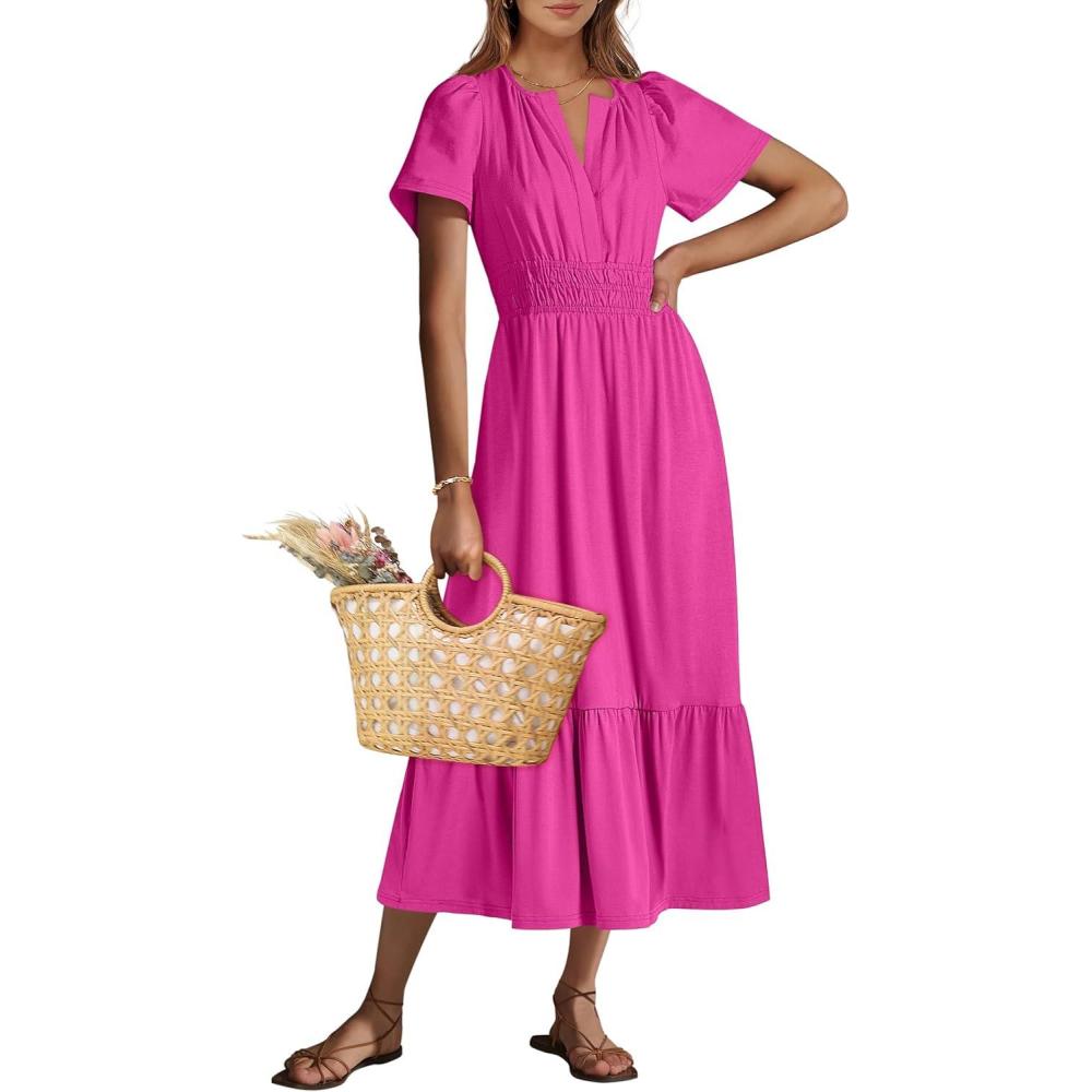 imageANRABESS Womens Summer Short Sleeve Maxi Dress 2025 Casual V Neck High Waist ALine Flowy Loose Tiered Boho Long DressesRed