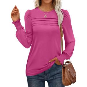 imageANRABESS Long Sleeve Shirts for Women Fall Fashion 2025 Dressy Casual Blouses Trendy Pleated Tunic Tops OutfitsHot Pink
