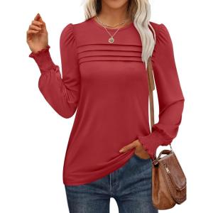 imageANRABESS Long Sleeve Shirts for Women Fall Fashion 2025 Dressy Casual Blouses Trendy Pleated Tunic Tops OutfitsRed