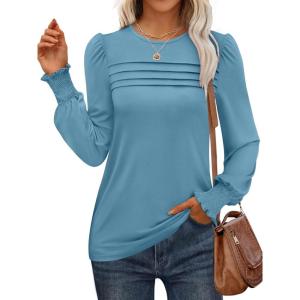 imageANRABESS Long Sleeve Shirts for Women Fall Fashion 2025 Dressy Casual Blouses Trendy Pleated Tunic Tops OutfitsTeal