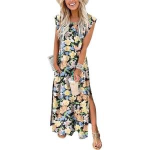 imageANRABESS Summer Dress for Women 2025 Maxi Sundresses Casual Cap Sleeve Crew Neck Loose Split Beach Travel Vacation OutfitsFloral Orange Yellow