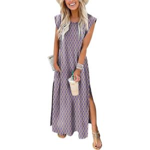 imageANRABESS Summer Dress for Women 2025 Maxi Sundresses Casual Cap Sleeve Crew Neck Loose Split Beach Travel Vacation OutfitsOrange Rhombus