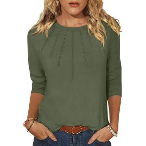 imageANRABESS Women Dressy Casual Blouse 34 Sleeve Shirts Pleated Round Neck Business Work Tunic Tops Spring Summer TeesArmy Green