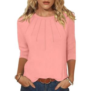 imageANRABESS Women Dressy Casual Blouse 34 Sleeve Shirts Pleated Round Neck Business Work Tunic Tops Spring Summer TeesCoral