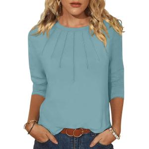 imageANRABESS Women Dressy Casual Blouse 34 Sleeve Shirts Pleated Round Neck Business Work Tunic Tops Spring Summer TeesGray Green