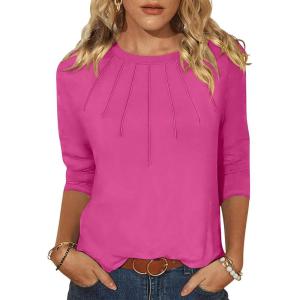 imageANRABESS Women Dressy Casual Blouse 34 Sleeve Shirts Pleated Round Neck Business Work Tunic Tops Spring Summer TeesHot Pink