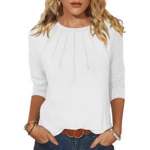 imageANRABESS Women Dressy Casual Blouse 34 Sleeve Shirts Pleated Round Neck Business Work Tunic Tops Spring Summer TeesWhite