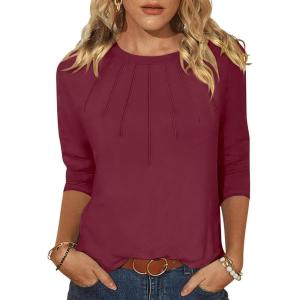imageANRABESS Women Dressy Casual Blouse 34 Sleeve Shirts Pleated Round Neck Business Work Tunic Tops Spring Summer TeesWine Red