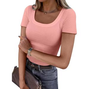 imageANRABESS Women Short Sleeve Tops Scoop Neck Ribbed Knit Slim Fitted Basic Tee Shirts 2025 Casual Summer Trendy ClothesCoral