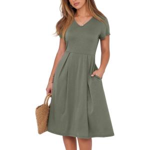 imageANRABESS Women Summer Dress Casual Short Sleeve V Neck ALine Knee Length Pleated Flowy 2025 Fashion Midi Dresses with PocketArmy Green