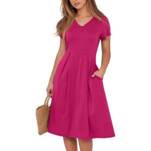 imageANRABESS Women Summer Dress Casual Short Sleeve V Neck ALine Knee Length Pleated Flowy 2025 Fashion Midi Dresses with PocketHot Pink