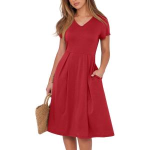 imageANRABESS Women Summer Dress Casual Short Sleeve V Neck ALine Knee Length Pleated Flowy 2025 Fashion Midi Dresses with PocketRed