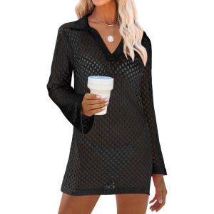 imageANRABESS Women Swimsuit Crochet Swim Cover Up Summer Bathing Suit Swimwear Polo V Neck Mesh Knit Beach Dress Vacation OutfitsBlack