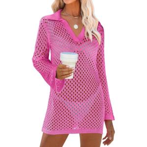 imageANRABESS Women Swimsuit Crochet Swim Cover Up Summer Bathing Suit Swimwear Polo V Neck Mesh Knit Beach Dress Vacation OutfitsHot Pink