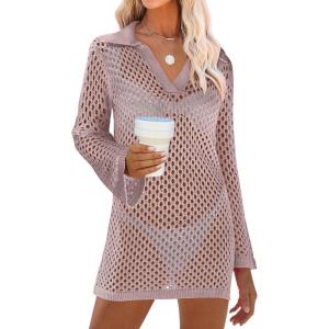 imageANRABESS Women Swimsuit Crochet Swim Cover Up Summer Bathing Suit Swimwear Polo V Neck Mesh Knit Beach Dress Vacation OutfitsLight Pink