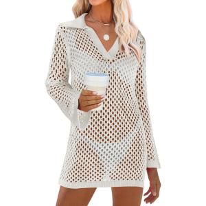 imageANRABESS Women Swimsuit Crochet Swim Cover Up Summer Bathing Suit Swimwear Polo V Neck Mesh Knit Beach Dress Vacation OutfitsWhite