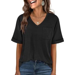 imageANRABESS Women T Shirts Oversized Short Sleeve V Neck 2025 Summer Casual Loose Tops Basic Tee Shirts Outfits with PocketBlack